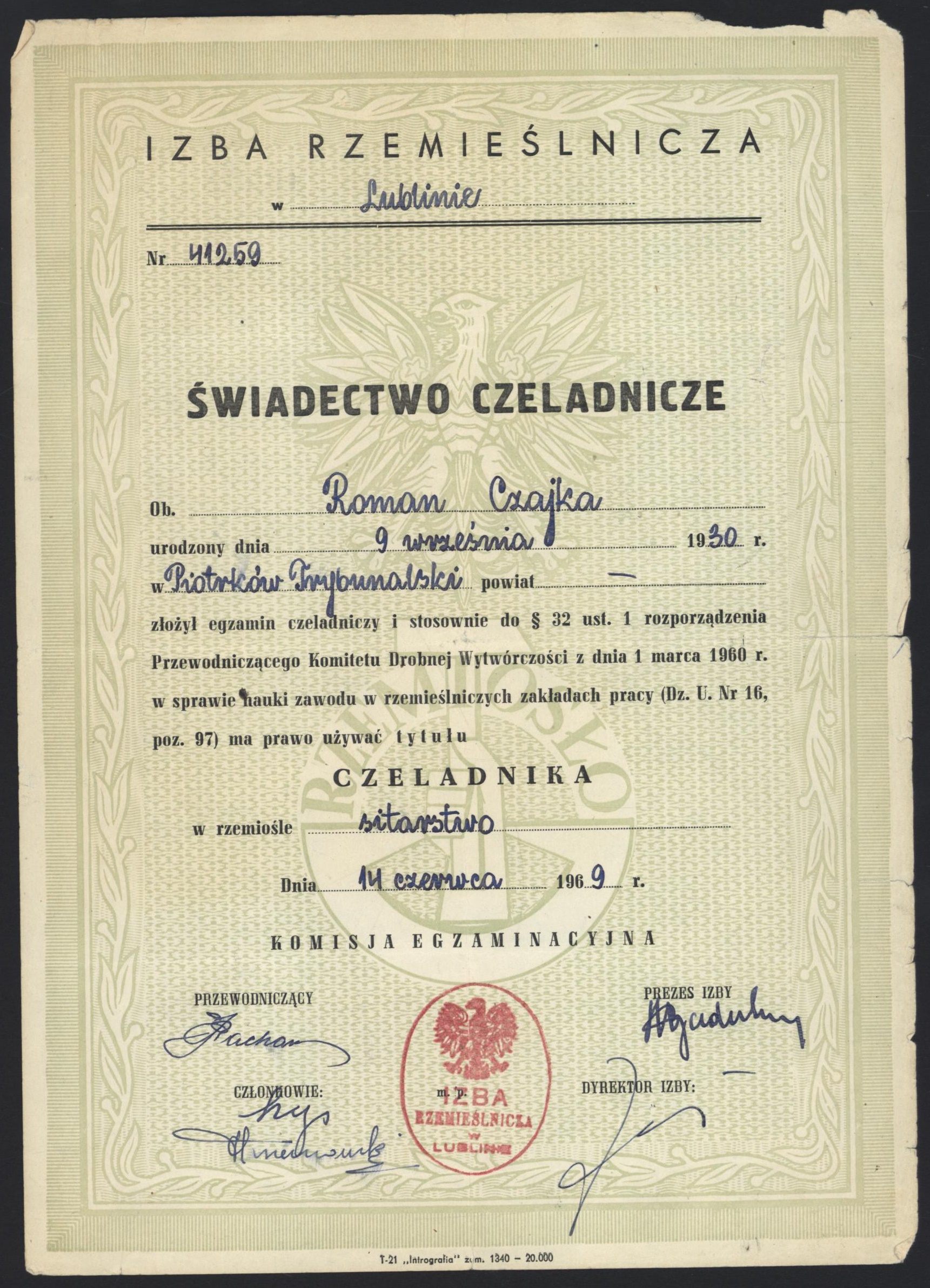 Świadectwo rzemieślnicze Romana Czajki – kombatanta Konspiracyjnego Wojska Polskiego.